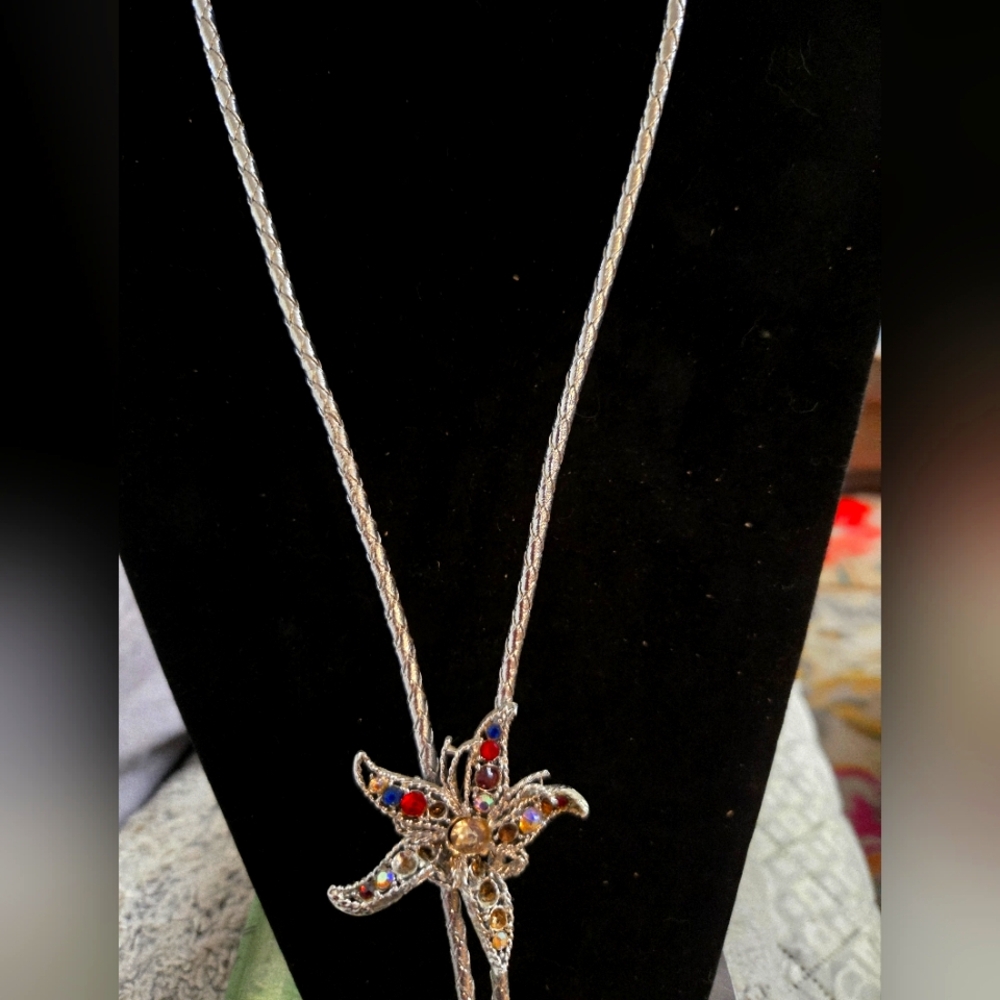 Silver Starfish Pendant Necklace with Multicolor Stones. Bolle Style